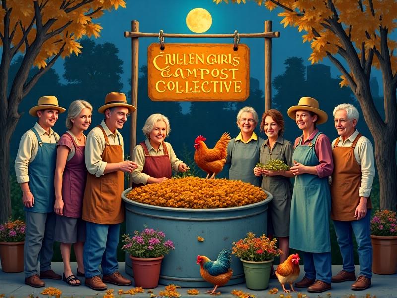 A diverse group of neighbors gathers around a circular compost bin where retired hens scratch at fruit scraps. A hand-painted sign reads 'Golden Girls Compost Collective' in cheerful yellow letters, with autumn leaves framing the community garden scene.