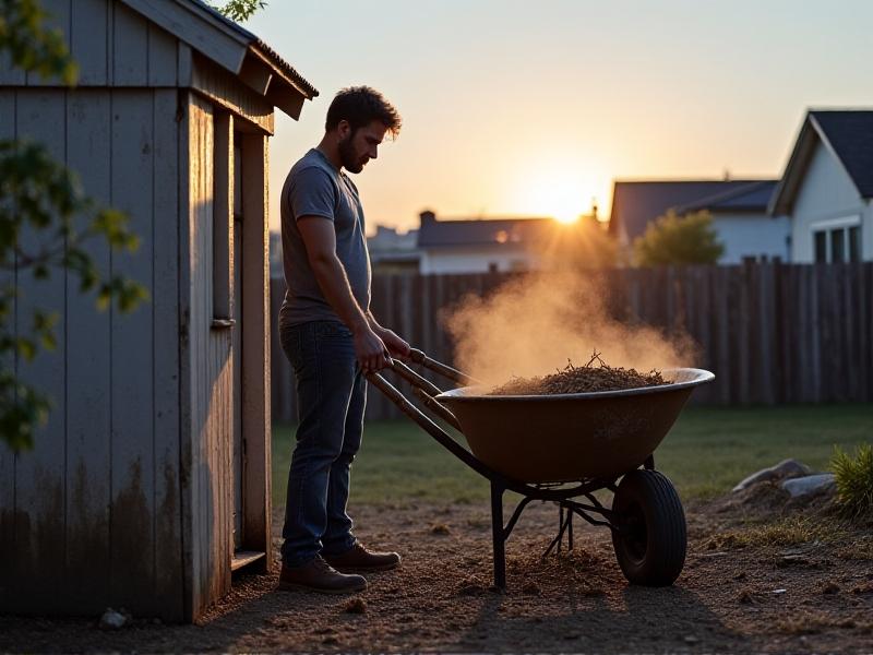 A tired homeowner in mud-streaked jeans cleans a chicken coop at dawn, rake in hand, with steam rising from a wheelbarrow full of soiled bedding. A detailed planner open on a nearby bench shows daily tasks: '7am: Feed/water, 7:30: Egg collection, 8:00: Coop cleaning.' The muted blue morning light emphasizes the physical labor involved in urban livestock care.