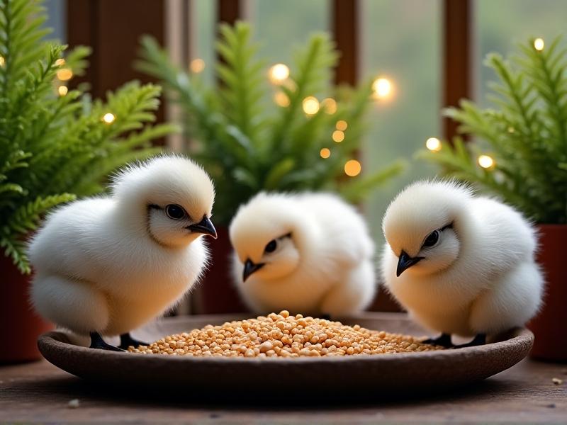 A trio of small Silkie bantam chickens with fluffy white feathers and black beaks, foraging in a shallow tray of grain on a wooden balcony. Potted ferns and fairy lights frame the scene, emphasizing their compact size and docile nature. Soft afternoon light highlights their unique texture.