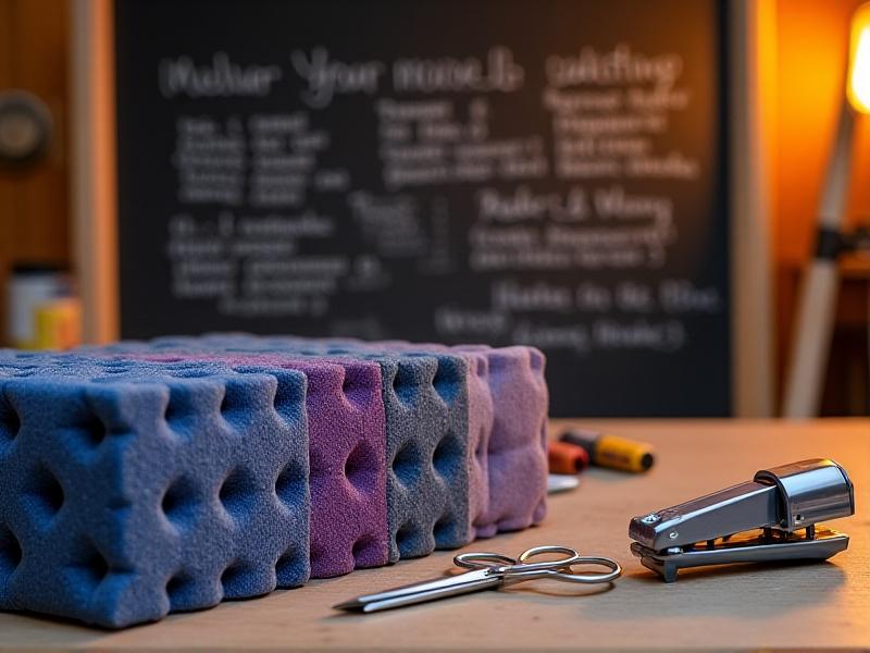 Close-up of noise-reducing materials: thick recycled denim insulation, egg-carton-style acoustic foam, and mass-loaded vinyl draped over a coop wall, tools like a staple gun and scissors nearby, warm workshop lighting with a chalkboard listing material pros and cons in the background.