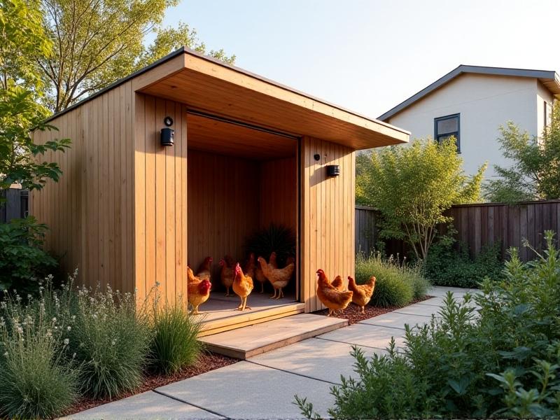 A modern, minimalist chicken coop in an urban backyard, featuring reclaimed wood construction, automated watering systems, and chickens roaming on fresh straw. The design integrates seamlessly with a patio garden, showcasing a balance of functionality and aesthetic appeal under soft afternoon light.