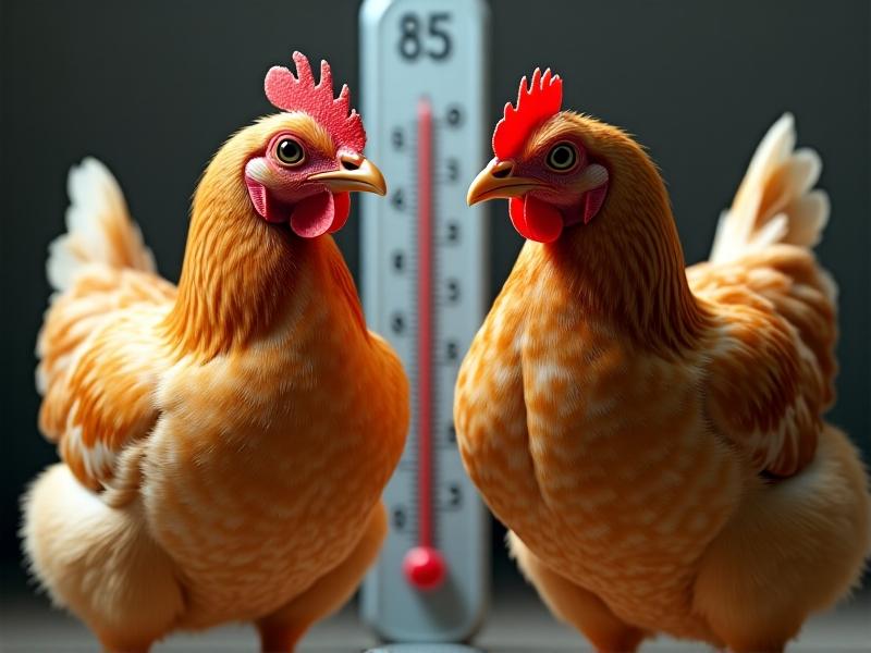 A detailed side-by-side comparison: On the left, a healthy golden-laced Wyandotte hen stands alert with smooth feathers and bright eyes. On the right, the same breed displays symptoms of distress—fluffed plumage, half-closed eyes, and tail down. The background shows a thermometer reading 85°F, suggesting environmental monitoring.