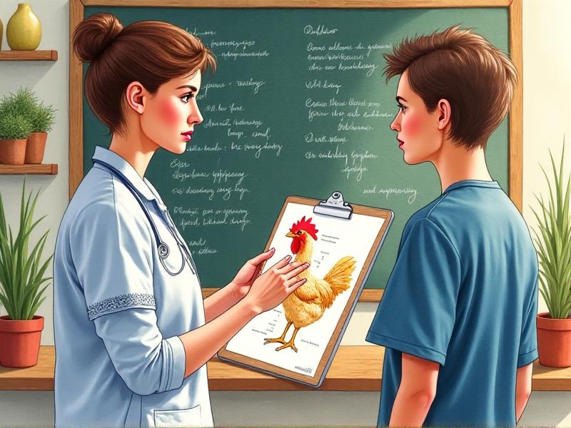 A confident female veterinarian in scrubs gestures toward a chart of chicken anatomy while speaking to an attentive couple in a cozy clinic consultation room. A blackboard with handwritten notes about common poultry diseases hangs in the background, with natural light highlighting the exchange of practical advice.