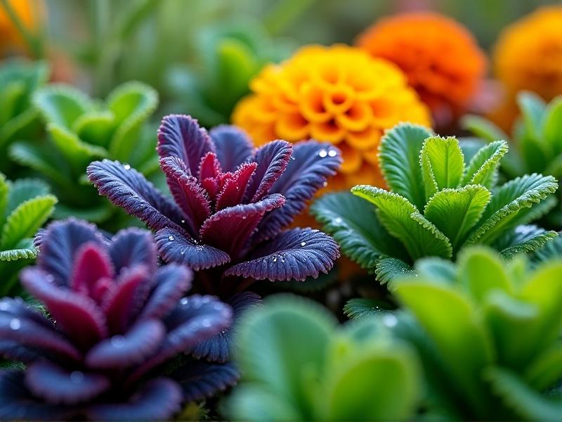 A close-up of chicken-safe plants including purple kale, marigolds, and wheatgrass growing in staggered vertical pockets. Dewdrops glisten on leaves under soft morning light, with a hen's comb visible in the lower corner of the frame.