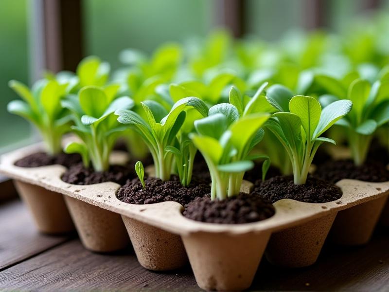 Crushed eggshells nestled in a cardboard egg carton, each filled with rich soil and sprouting microgreens under soft morning light, with a watering can and gardening gloves nearby on a weathered balcony ledge.