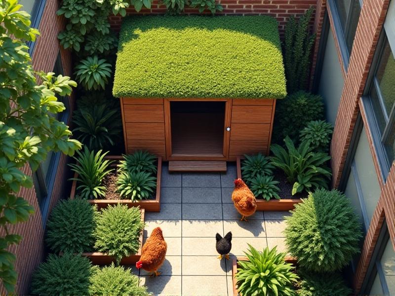 An aerial view of a small but well-organized chicken coop in a city backyard, featuring a green roof, vertical nesting boxes, and a dust bath area. Two hens forage in a compact run with hanging broccoli treats, surrounded by raised garden beds growing herbs. The scene balances functionality with space constraints typical of urban environments.