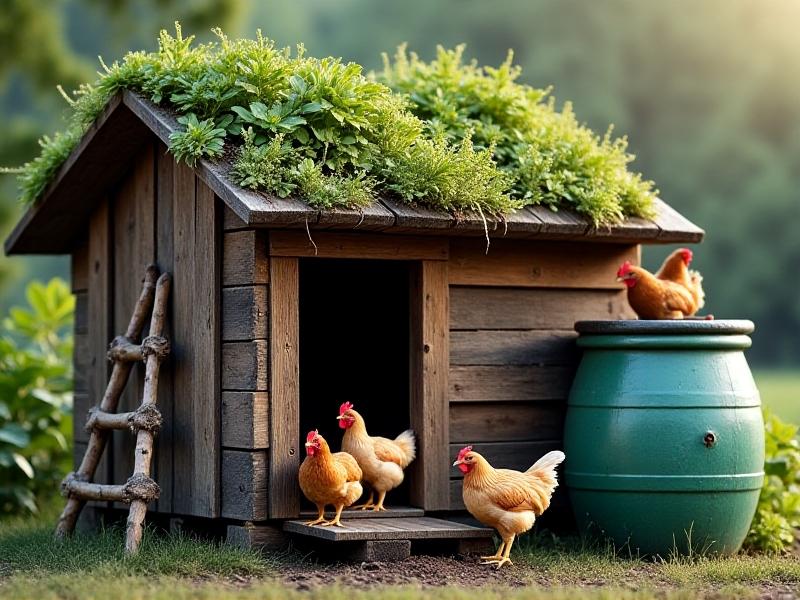 A rustic chicken coop made from weathered pallet wood, featuring a slanted green roof with succulents. A rain barrel sits beside it, connected to a gutter. Chickens perch on a ladder made from reclaimed branches.