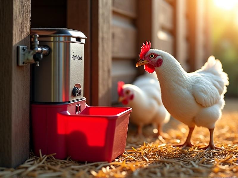 A modern filtration system attached to a red plastic chicken waterer, with clear tubing and a visible carbon filter. The setup sits on fresh straw in a tidy coop, surrounded by curious white Leghorn hens. Morning light accentuates the clean, efficient design.