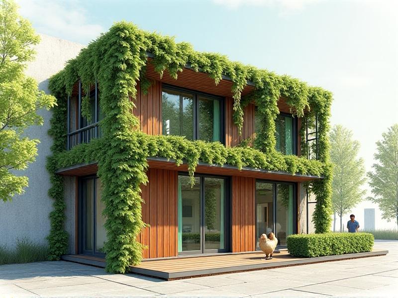 An architect's sketch of a sustainable urban chicken coop with vertical green walls, rainwater collection barrels, and a retractable roof for ventilation. The design includes labeled features like composting bins and egg-access doors, rendered in detailed technical drawing style with eco-friendly materials highlighted.