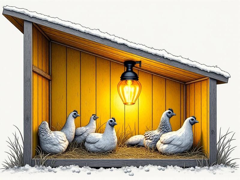 A cross-sectional view of an urban chicken coop with yellow insulation panels lining the walls, a slanted metal roof shedding snow, and a ventilation gap near the eaves. Hens nest in straw-filled wooden boxes while a suspended ceramic heat lamp glows softly overhead, casting warm light on a thermometer showing 45°F.