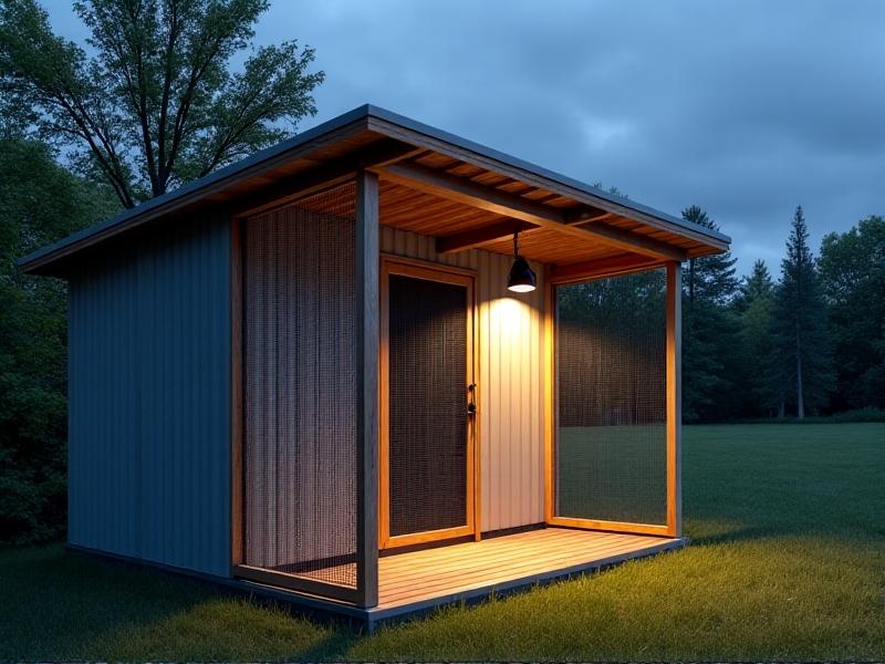 A heavy-duty chicken coop with reinforced hardware cloth walls, a dig-proof buried wire apron, and a raccoon-proof locking mechanism on the door. A motion-activated floodlight illuminates the structure at dusk, while a security camera mounted on a nearby post monitors the area. The design blends functionality with sleek, urban aesthetics.