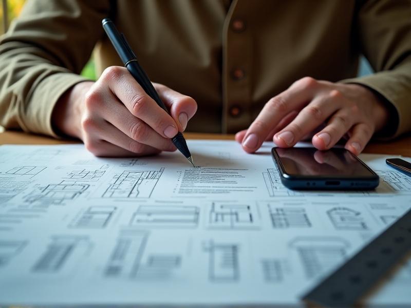 A close-up of hands filling out a permit application form with a pen, surrounded by a ruler, blueprint sketches, and a smartphone displaying a city government website. Warm overhead lighting creates a focused atmosphere, emphasizing preparation and attention to detail. Keywords include urban chicken permit and application checklist.