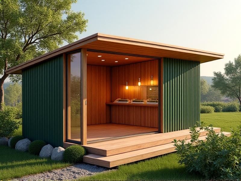 A contemporary cedar chicken coop with vertical green wall panels, solar-powered automatic door, and slanted metal roof. The interior shows three nesting boxes lined with straw, roosting bars at varying heights, and a pull-out manure tray. A ramp leads to an enclosed run with hanging broccoli treats.
