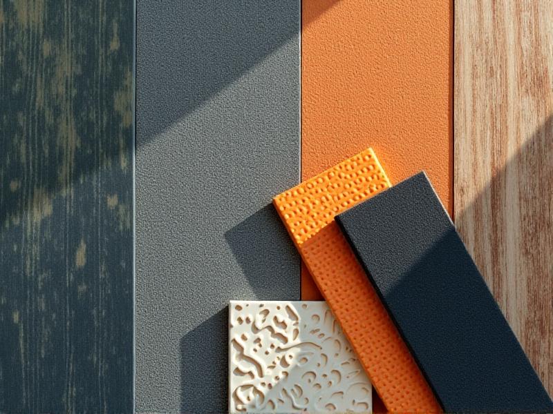 A collage of soundproofing materials: rolled mass-loaded vinyl, recycled denim batts, rubber floor mats, and acoustic panels. Each material is shown in close-up detail with texture highlights, arranged on a rustic wooden background with natural daylight enhancing earthy greens, grays, and blues.