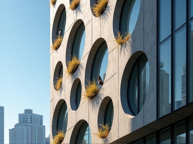 A modern office building featuring textured concrete walls with hexagonal nesting cavities and angled glass panels reflecting sunlight. Small birds perch on ledges adorned with native grasses. The design blends sleek aesthetics with functional avian protection under a clear blue sky.