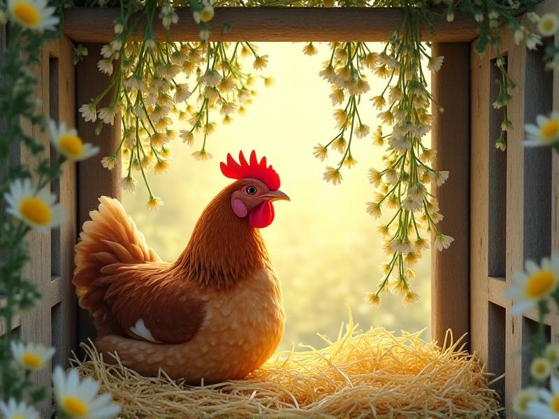 Chamomile flowers cascading from a hanging feeder inside a cozy coop, with a Buff Orpington hen perched below amidst soft straw bedding. Warm, diffused light creates a tranquil atmosphere.