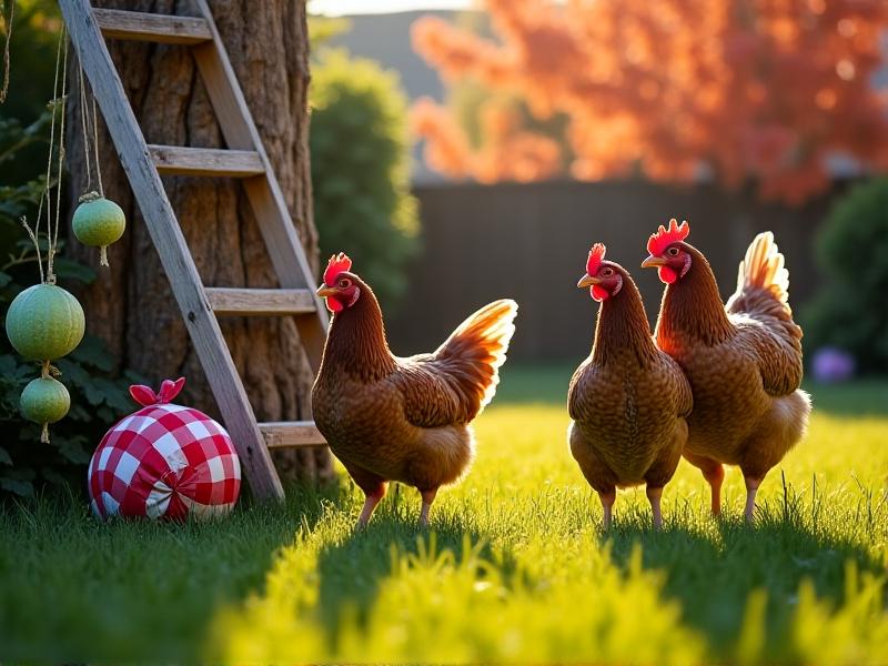 Three hens interact with a hanging cabbage toy in a grassy urban backyard. A wooden ladder leans against a stump, and a red-and-white checkered treat ball sits nearby. Late afternoon sun casts long shadows across the vibrant green lawn.