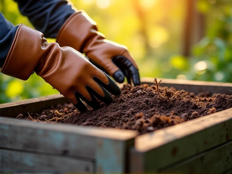 Close-up of gloved hands layering fresh chicken manure with straw in a compost bin, golden afternoon light filtering through a backyard garden, detailed textures of organic materials and soil particles, educational DIY vibe.