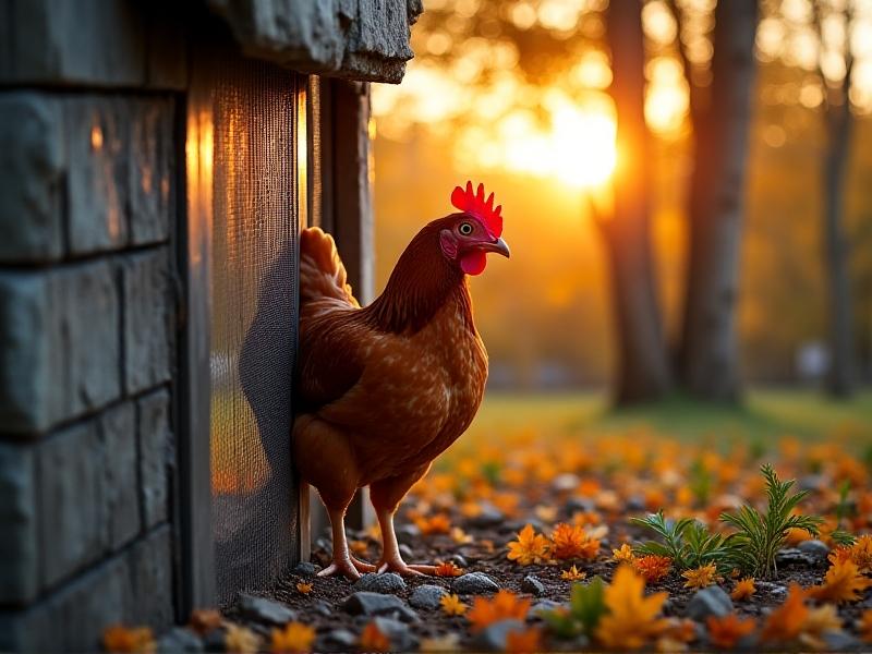 A sturdy chicken coop with galvanized hardware cloth walls and a reinforced steel latch. The run is covered by black bird netting, and a motion-activated solar light mounts on the coop’s corner. A ginger-colored hen stands alert inside, surrounded by autumn leaves and a shallow trench lined with rocks.