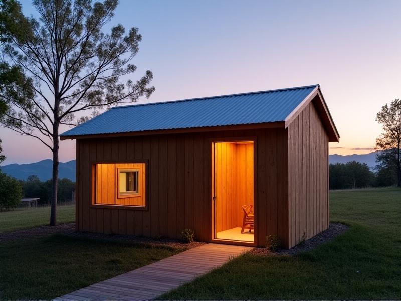 A contemporary chicken coop with vertical cedar planks and a corrugated metal roof. The slanted roof extends over a fenced run area with a ladder ramp. Solar-powered string lights drape above the coop, glowing softly at dusk. A green roof section sprouts drought-resistant plants, and a decorative wind spinner twirls nearby.