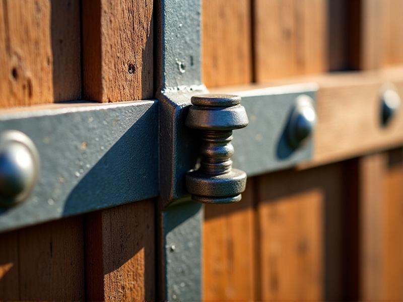 Close-up of a galvanized steel sliding bolt latch mounted on a wooden chicken coop door, sunlight glinting off the metal, intricate mechanism showing multiple locking points, sharp focus on texture and craftsmanship