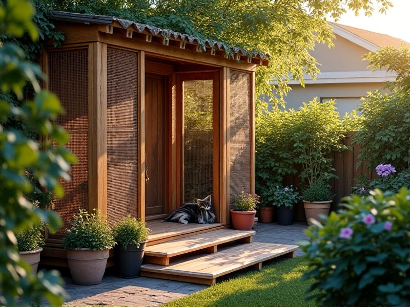 A spacious outdoor cat enclosure made of weathered wood and wire mesh, attached to a suburban home's window. A tabby cat lounges on a shaded platform surrounded by potted plants, blending pet safety with aesthetic garden design in golden afternoon light.