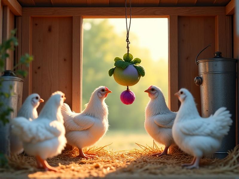 A tidy wooden chicken coop with white hens pecking at a hanging cabbage toy, fresh straw bedding, and a galvanized feeder. Morning light streams through an open door, emphasizing cleanliness and organization.