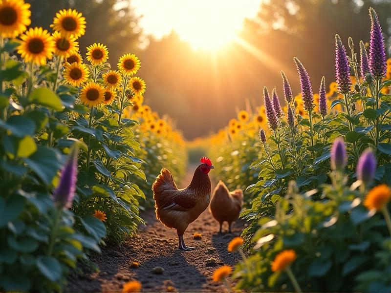 A lush garden bed with tall sunflowers, purple coneflowers, and sprawling pumpkin vines. Chickens wander beneath the foliage, pecking at fallen seeds and insects. Marigolds and garlic plants border the bed, providing pest resistance. The image captures a biodiverse, layered planting scheme in golden afternoon light.