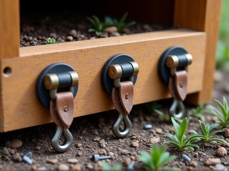 Side-by-side comparison of three raccoon-proof latches on a rustic chicken coop: sliding bolt, carabiner clip, and rotating hook, tools and screws scattered nearby, soft daylight highlighting usability features