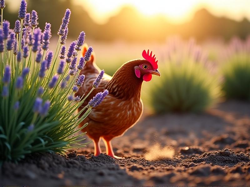 A lavender plant growing beside a chicken run’s wire mesh, purple blooms contrasting with a barred Plymouth Rock hen dust-bathing in sunlit dirt. The scene merges herbal pest control with natural chicken behavior.