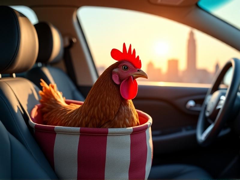 A striped canvas pet carrier sits secured in a car’s backseat, containing a calm Rhode Island Red chicken peering through mesh ventilation holes. Sunlight streams through the windshield, illuminating dust motes and a city skyline visible through the window, symbolizing safe urban travel.