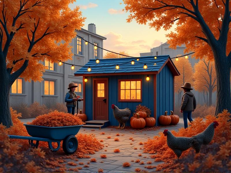 A cozy autumn evening scene featuring a caregiver insulating a coop with recycled denim insulation while Barred Rock chickens forage in fallen leaves. A wheelbarrow filled with pumpkins and squash sits nearby, ready for seasonal treats. Warm string lights illuminate the space as twilight descends on the urban landscape.