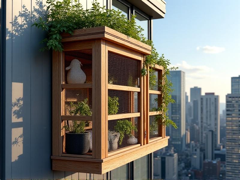 A sleek, vertical chicken coop made of repurposed cedar wood, featuring a nesting box, perches, and a wire-mesh run. The design maximizes vertical space on a narrow balcony, with hanging plants and a rainwater collection system. The minimalist aesthetic complements contemporary apartment architecture under a clear blue sky.