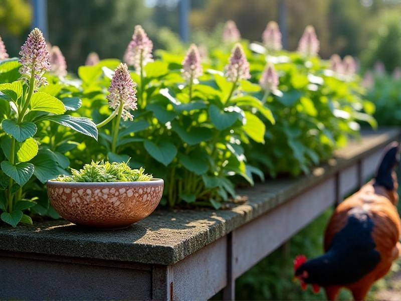 A raised urban garden bed with vibrant garlic plants and peppermint leaves, a ceramic bowl filled with chopped garlic cloves and fresh mint beside a foraging golden-laced Wyandotte chicken. Soft morning light highlights the garden’s textures.