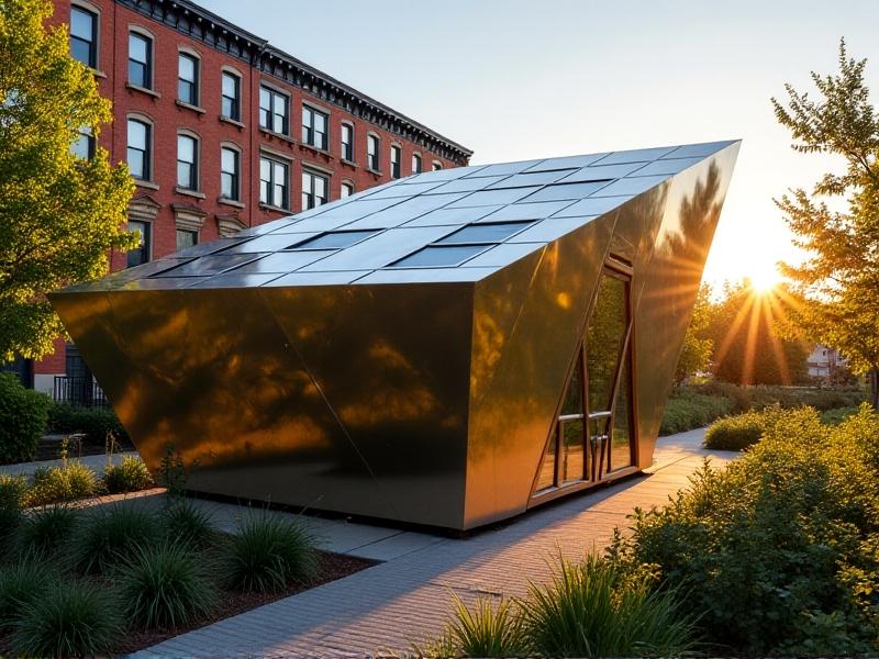 Angular chicken coop with faceted mirrored stainless steel exterior reflecting a row of brownstone buildings, solar panels integrated into the sloped roof, and perforated metal screens for ventilation. The structure appears as abstract public art in a community garden setting during golden hour.