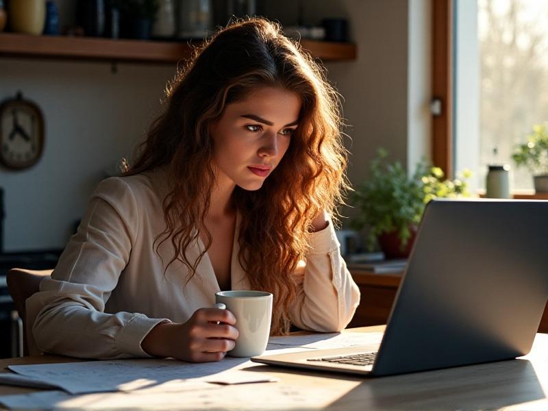 A frustrated young woman with curly hair sits at a cluttered kitchen table, staring at a laptop screen displaying a veterinary directory. Morning light filters through urban apartment windows, casting shadows on scattered papers and a half-empty coffee mug. The warm tones contrast with her tense posture, symbolizing the difficulty of the search.