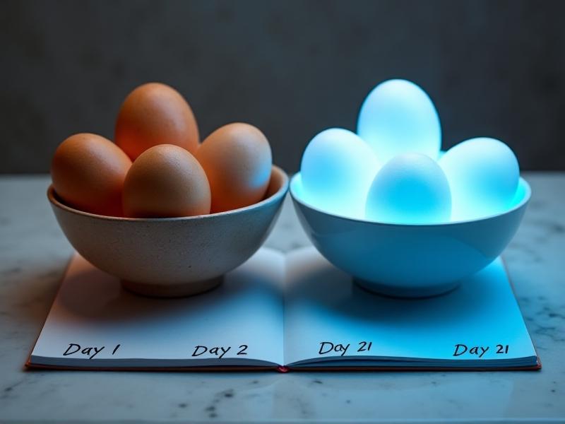 Side-by-side ceramic bowls on a marble countertop: left holds unwashed brown eggs with faint dusting; right has washed white eggs glowing under cool LED light. A notebook lists 'Day 1' to 'Day 21' with daily freshness ratings. Soft shadows and minimalist composition highlight preservation differences over time.