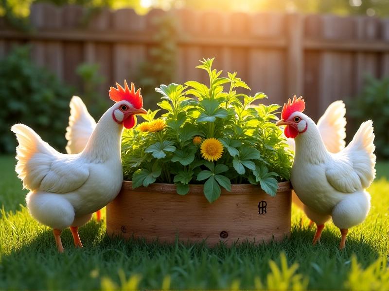 A wooden feeder filled with foraged greens—kale-like lambsquarters, yellow dandelion flowers, and purslane—surrounded by eager white Silkie chickens in a backyard coop with a rustic wooden fence.