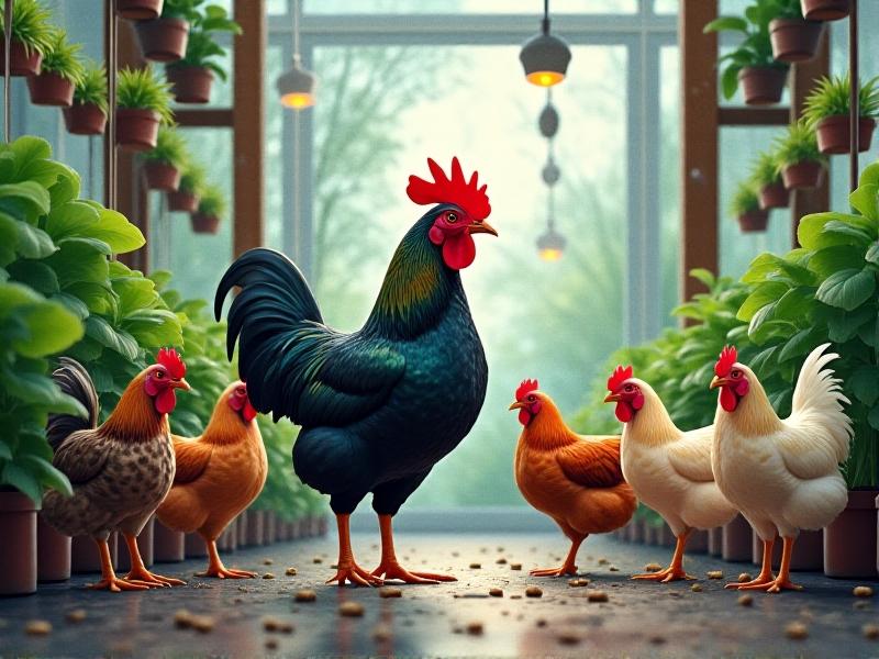 A mixed flock of five hens engaged in hierarchical behavior: a dominant Australorp stands tall while others peck at scattered grains, in a repurposed urban greenhouse with hanging herb gardens and soft rain pattering on the glass roof.