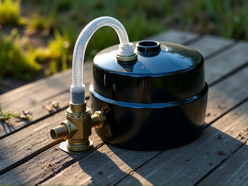 Close-up of rainwater system parts on a wooden table: PVC pipes, mesh filters, a pump, and a black tank. Daylight highlights textures, emphasizing practicality and durability.