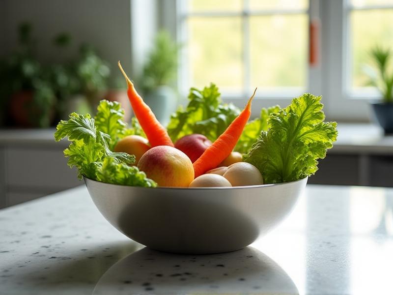 A colorful assortment of chicken-safe kitchen scraps in a stainless steel bowl: carrot peels, apple cores, wilted lettuce, and crushed eggshells. Soft morning light streams through a kitchen window, casting shadows on a marble countertop. The image conveys practicality and zero-waste living.