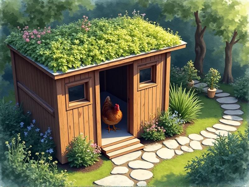 A sustainable chicken coop built from reclaimed wood, featuring a green roof planted with sedums and wildflowers. The run below has a hinged door leading to a spiral herb garden. A pathway of stepping stones connects the coop to a vermicompost bin and a patch of clover. The design is functional and aesthetically rustic, blending into an urban homestead.