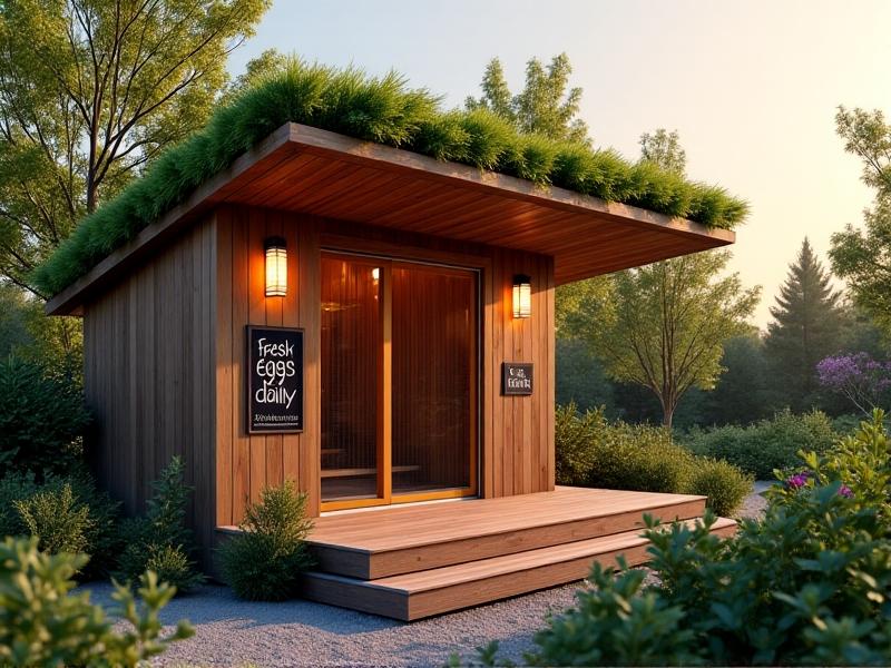 A modern, sleek chicken coop with a green roof and solar-powered light, surrounded by raised garden beds. The coop has wire mesh windows, a ramp, and nesting boxes. A chalkboard sign reads 'Fresh Eggs Daily.' Soft sunset lighting highlights sustainability. Keywords: compliant coop design, urban poultry housing.