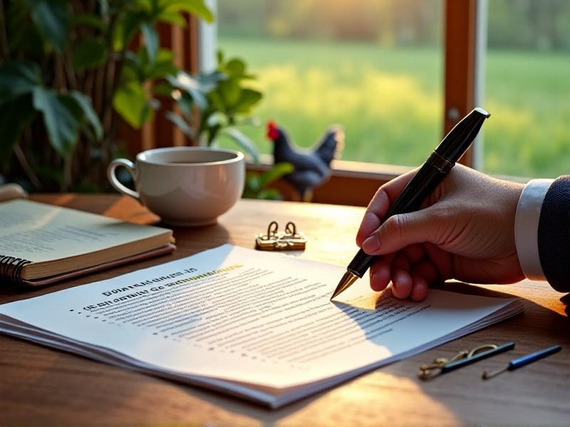 A printed city ordinance document on a wooden table, highlighted sections visible. A hand holds a pen pointing to text about poultry regulations. In the background, a gray hen forages in grass under dappled sunlight. The image conveys compliance and responsible urban farming.