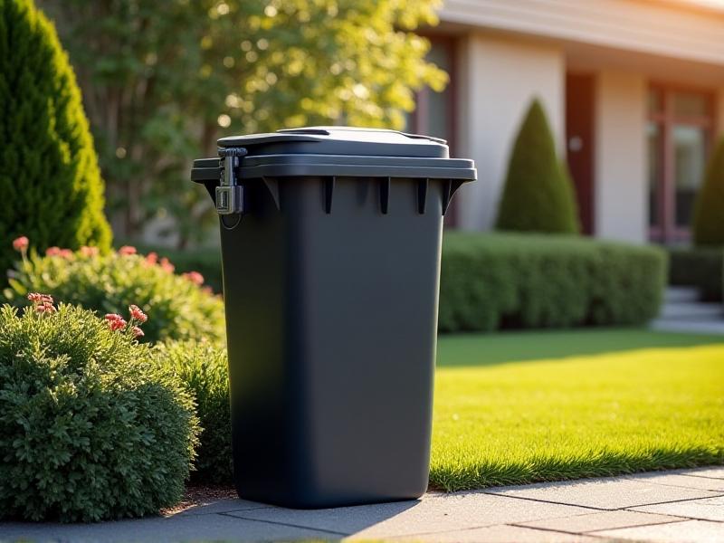 A heavy-duty plastic trash bin with a latched metal lid sits on a modern driveway, surrounded by tidy landscaping. The bin's robust design and lock mechanism emphasize practicality, while soft morning light casts long shadows, symbolizing proactive urban predator management.