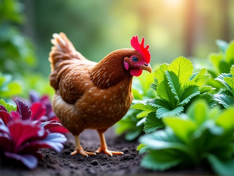 Close-up of a raised garden bed with a mix of leafy greens, including red kale, Swiss chard, and peppermint, surrounded by marigold blooms. A Rhode Island Red hen delicately plucks a kale leaf under dappled sunlight. The image showcases rich green and purple hues, with dewdrops glistening on the leaves.
