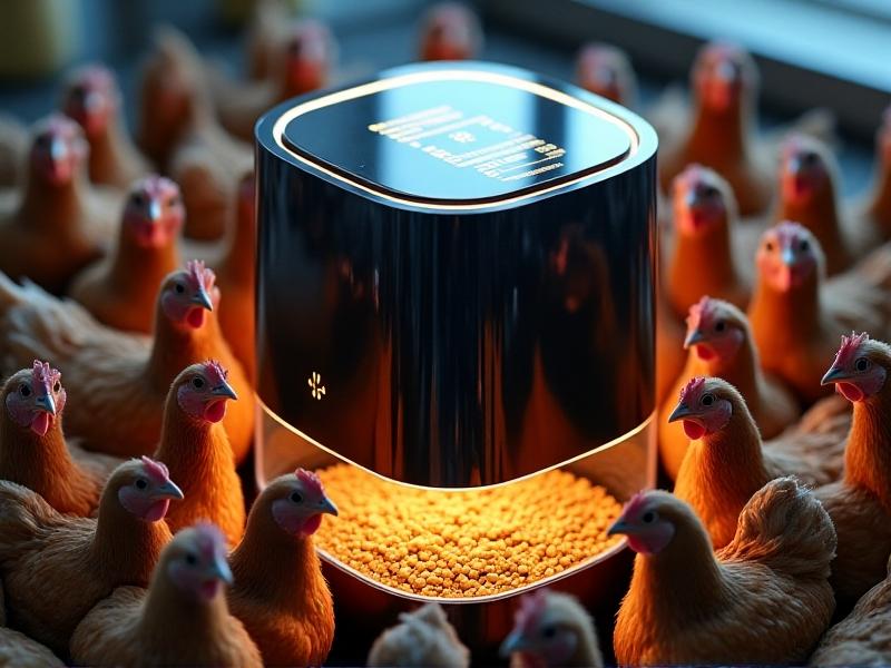 A high-tech chicken feeder with a transparent acrylic feed hopper, stainless steel dispenser, and touchscreen interface displaying portion sizes and schedules. The feeder sits inside a brightly lit coop with hens gathered around, their reflections visible on the device’s glossy surface. Warm LED lighting creates a clean, futuristic aesthetic.