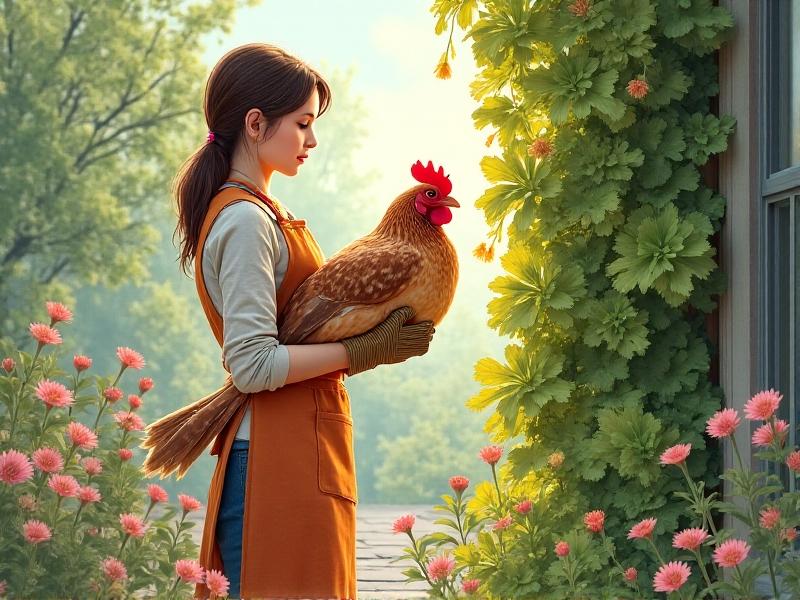 A woman in gardening gloves gently guides a speckled hen toward a vertical garden filled with hanging lettuce. The chicken stretches upward, wings slightly spread, with other birds observing curiously in the background. The scene captures a moment of human-animal collaboration in sustainable food systems.