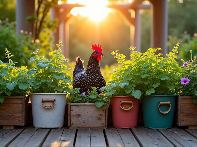 An assortment of containers including fabric grow bags, recycled plastic buckets, and wooden crates arranged on a rustic wooden deck. Basil, spinach, and nasturtiums spill over the edges, with a speckled hen inspecting the setup. Warm afternoon light casts soft shadows, emphasizing the textures of different materials and vibrant plant foliage.