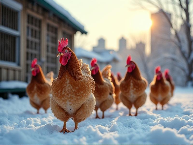 A mixed flock of Rhode Island Reds and Buff Orpingtons foraging in a snow-dusted urban backyard, their thick golden-red and cream feathers fluffed against the cold. A wooden coop with a green roof appears in the background, blending into a cityscape with soft-focus skyscrapers under a pale blue winter sky.